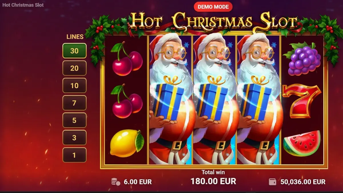 Tampilan visual Hot Christmas Slot dengan simbol klasik dan nuansa Natal yang ceria