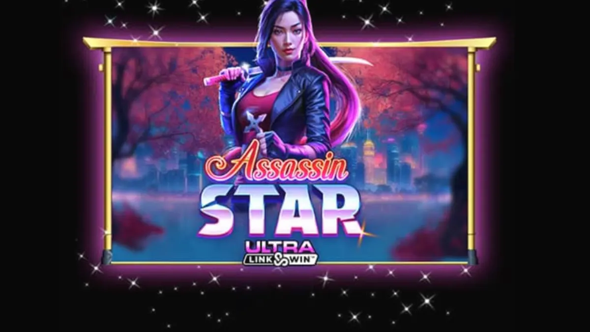 Tampilan layar permainan slot Assassin Star dengan latar belakang kota neon Jepang